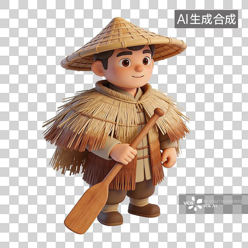 【AI数字艺术】头戴斗笠身穿蓑衣的船夫划船插画图片素材