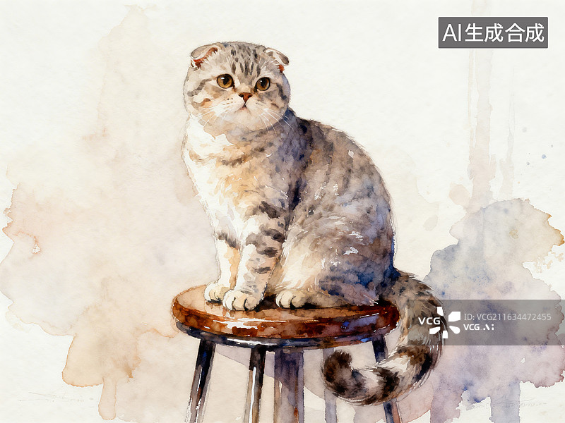 【AI数字艺术】折耳猫坐在木凳上图片素材