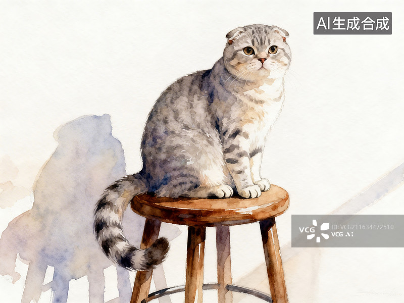 【AI数字艺术】折耳猫坐在木凳上图片素材