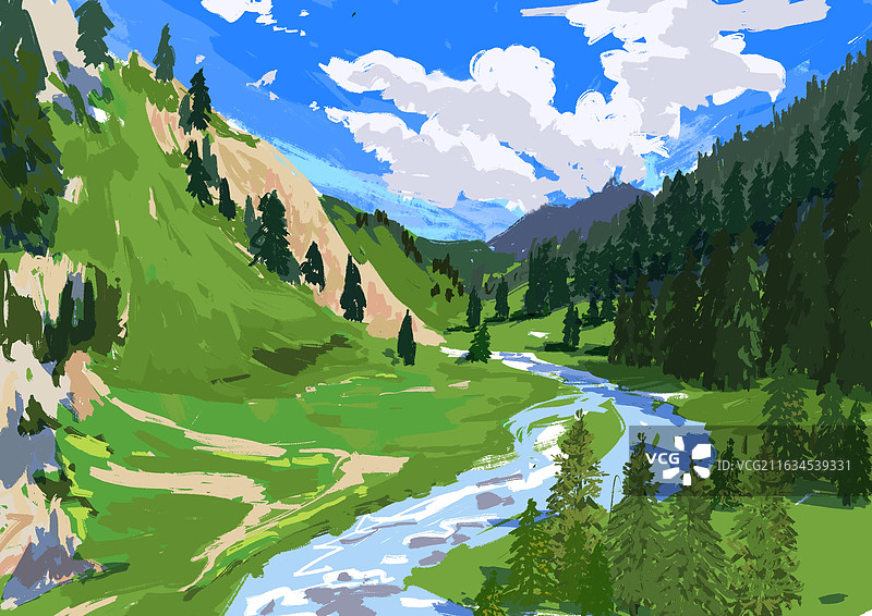 蓝天高山草原小河图片素材