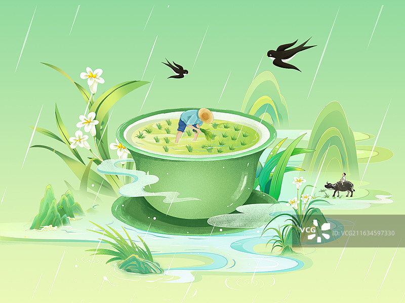 国风节气插画插画-春天 谷雨时节农民播种插秧 茶杯里的水田和秧苗 雨中兰花假山 骑水牛的牧童 横版图片素材