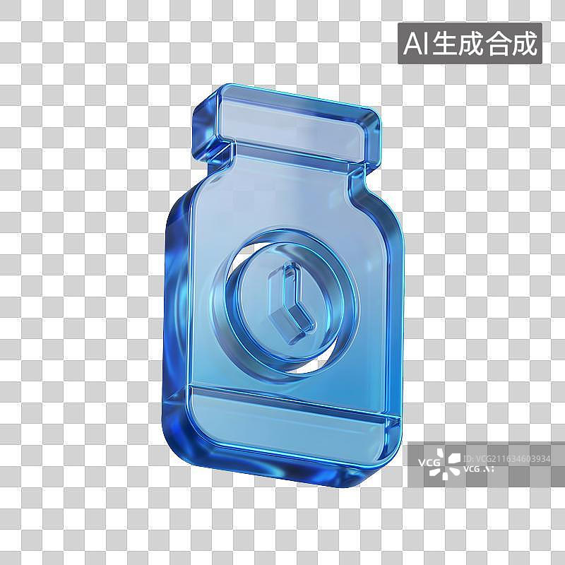 【AI数字艺术】准时吃药图标3D蓝色透明玻材质图片素材