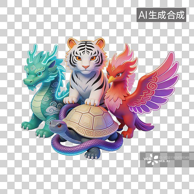 【AI数字艺术】青龙白虎朱雀玄武神兽插画图片素材