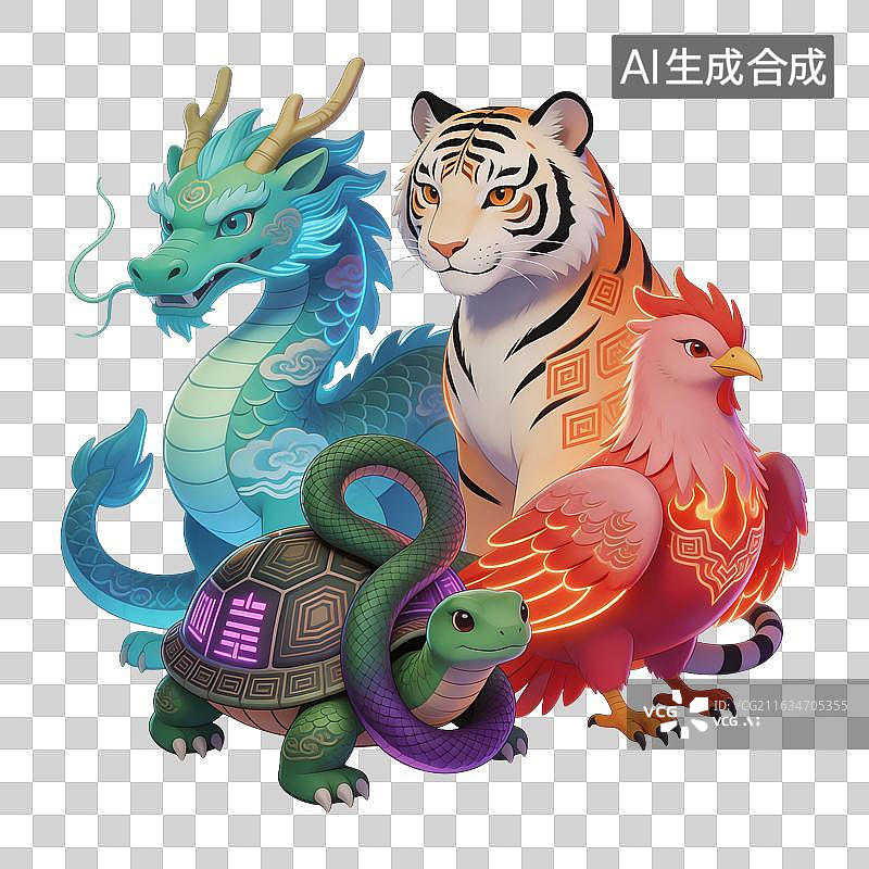 【AI数字艺术】青龙白虎朱雀玄武神兽插画图片素材