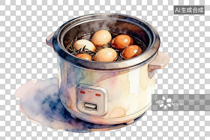 【AI数字艺术】手绘风格，电饭煲中美味的茶叶蛋PNG格式的免扣元素图片素材
