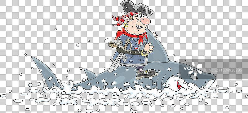 有趣的海盗在海上骑着鲨鱼图片素材