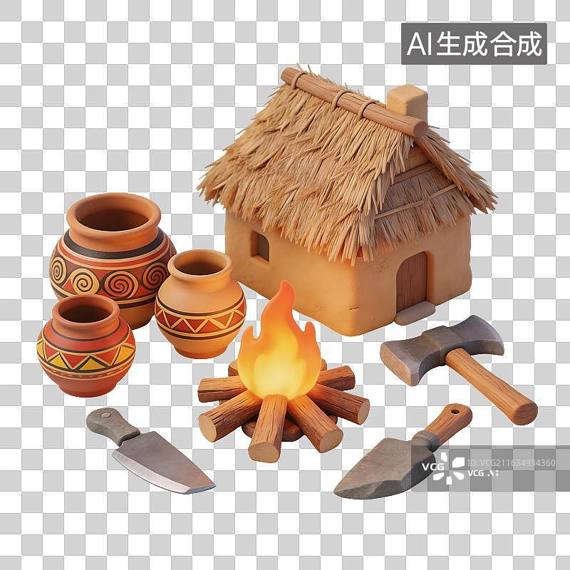 【AI数字艺术】茅草屋陶器篝火工具插画图片素材