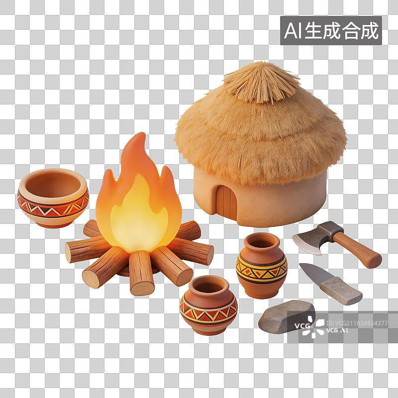 【AI数字艺术】茅草屋陶器篝火工具插画图片素材