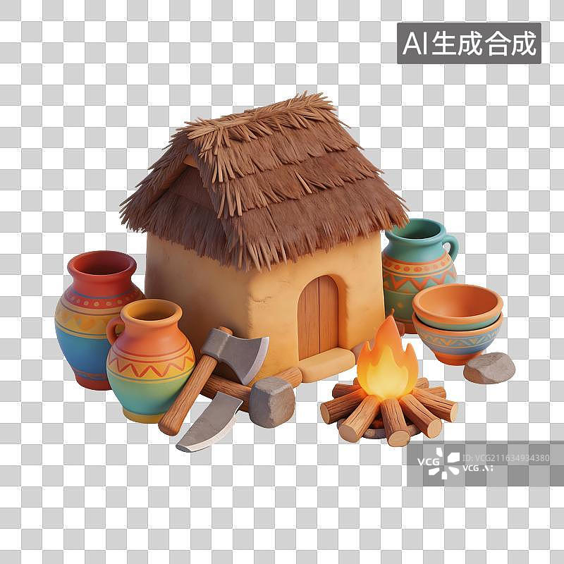 【AI数字艺术】茅草屋陶器篝火工具插画图片素材