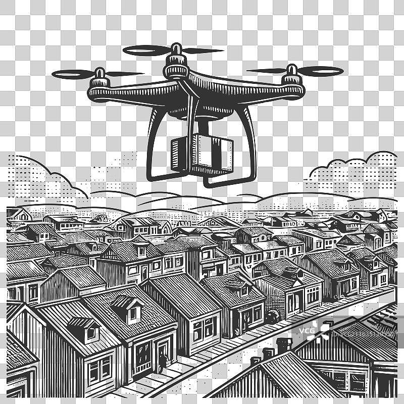 无人机在郊区住宅上空运送包裹图片素材