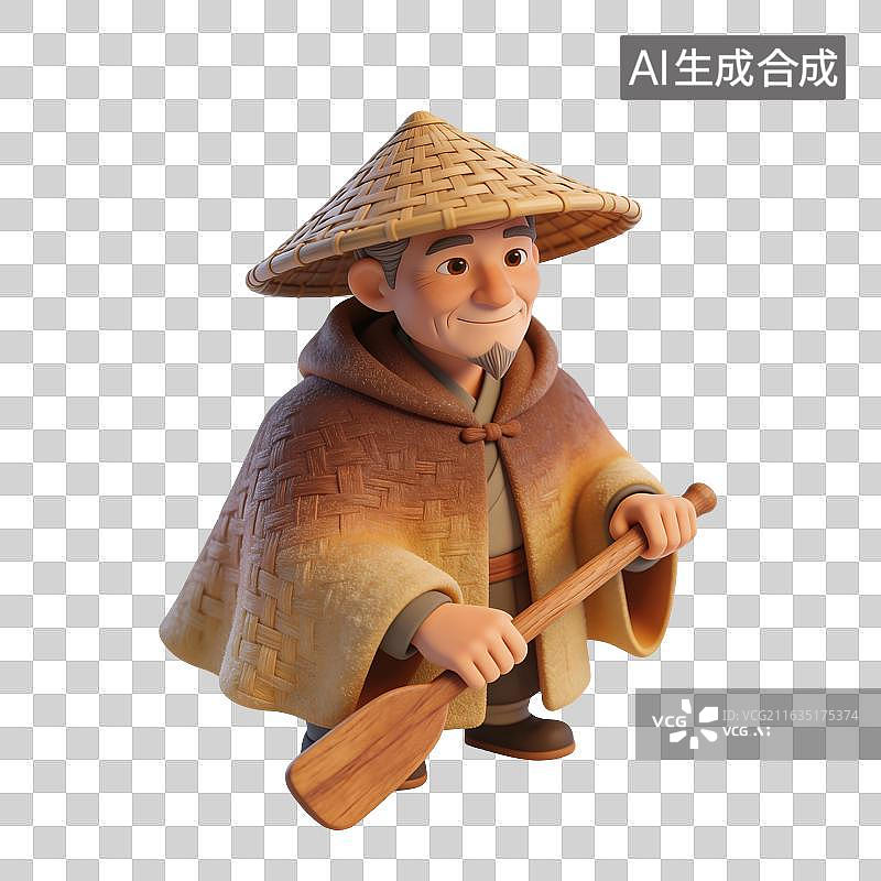 【AI数字艺术】头戴斗笠身穿蓑衣的船夫划船插画图片素材