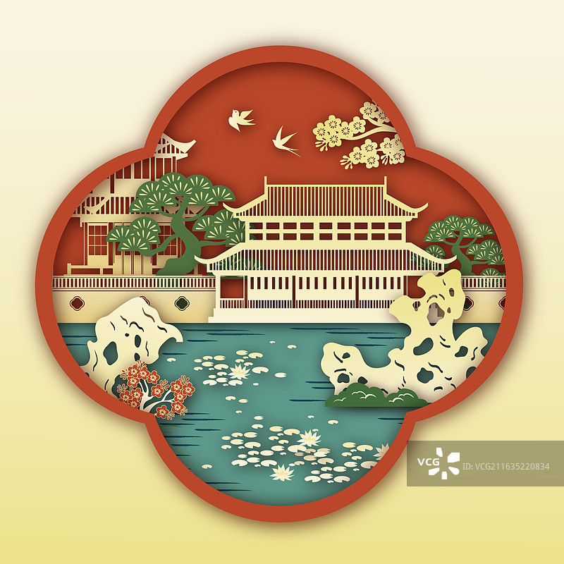 立体剪纸风中国园林艺术插画图片素材
