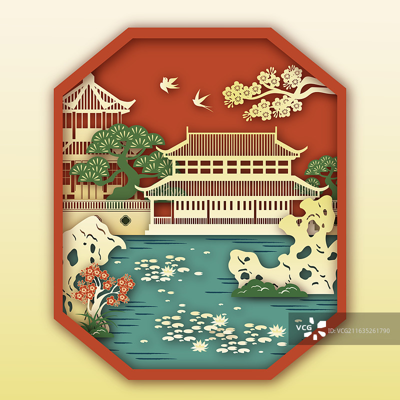 立体剪纸风中国园林艺术插画图片素材