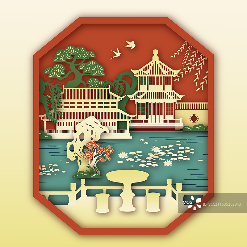 立体剪纸风中国园林艺术插画图片素材