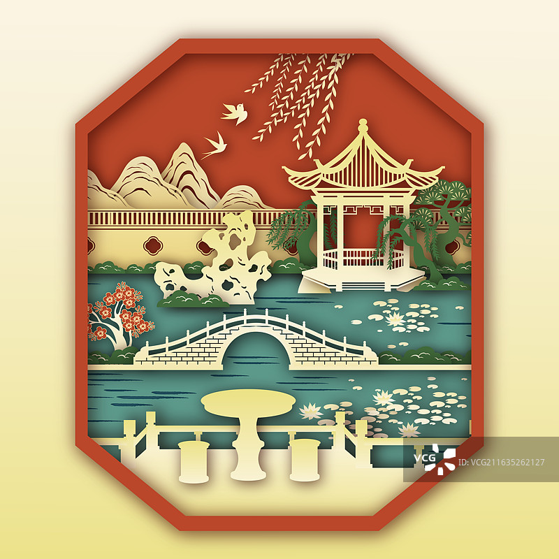 立体剪纸风中国园林艺术插画图片素材