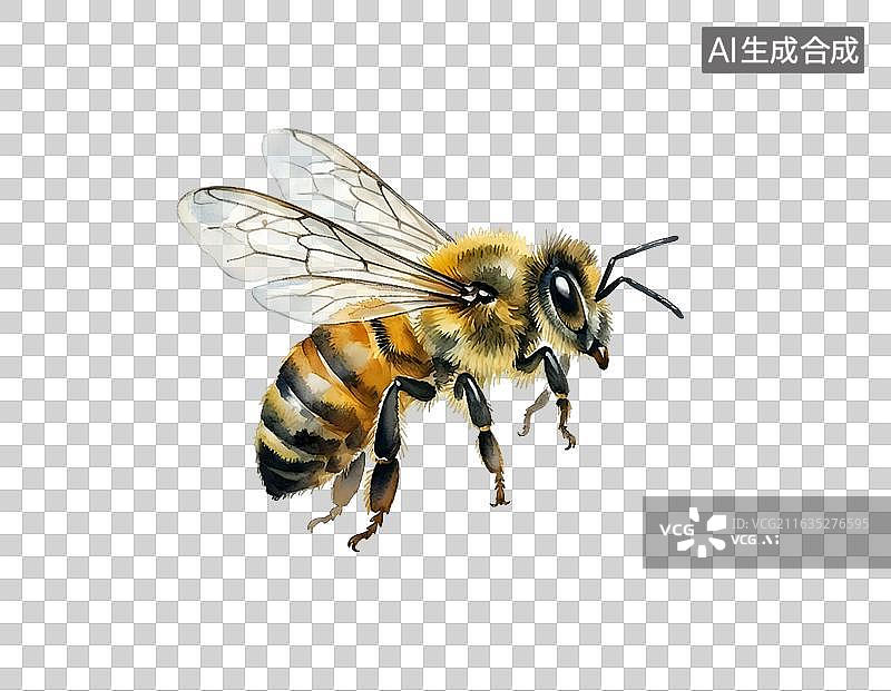 【AI数字艺术】黄黑条纹蜜蜂飞行特写插画图片素材