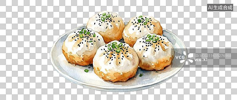 【AI数字艺术】水彩手绘生煎包摆盘特写图片素材
