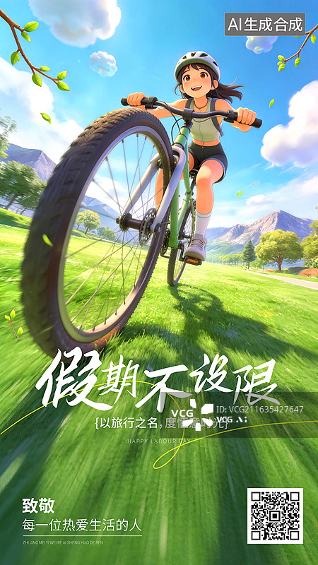 【AI数字艺术】3D 卡通少女春日骑行五一海报假期旅行出游宣传图图片素材