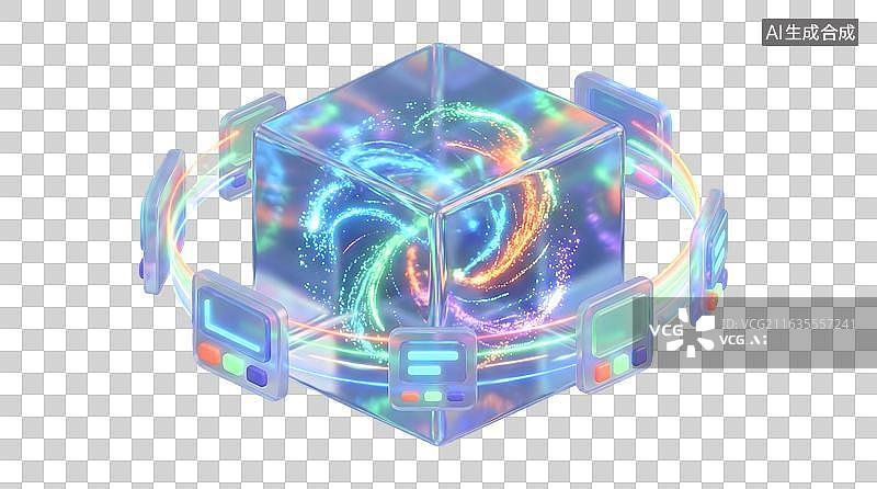 【AI数字艺术】透明立方体环绕光带螺旋能量场图片素材