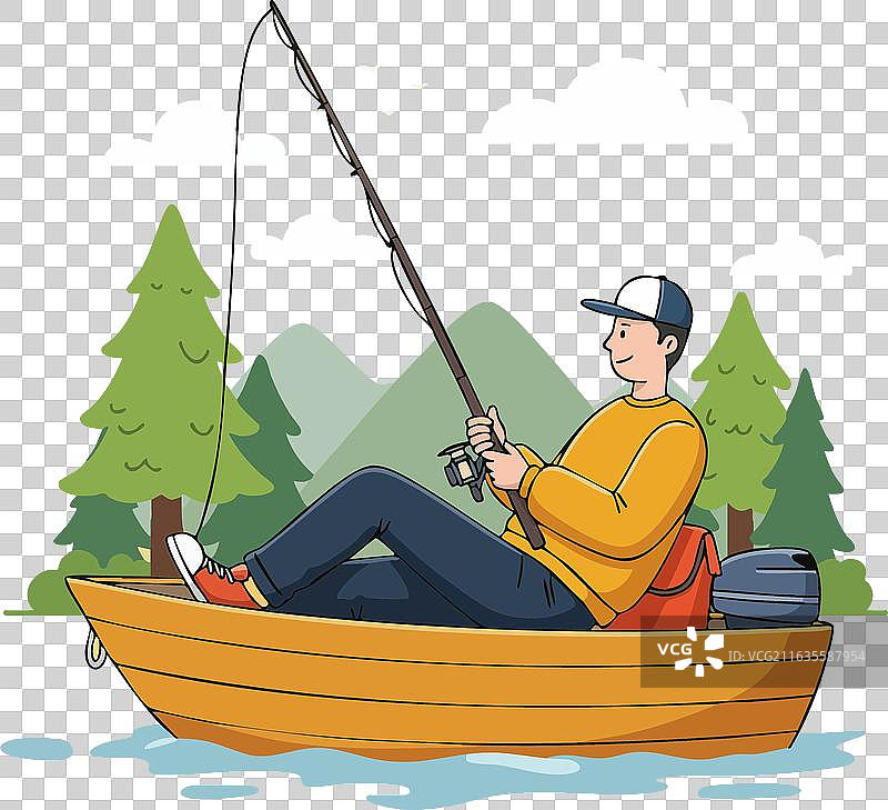 男人在湖上的船里钓鱼，背景是松树图片素材
