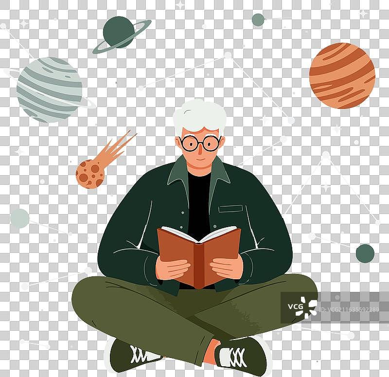 一位年长的男人在阅读一本关于行星的书图片素材