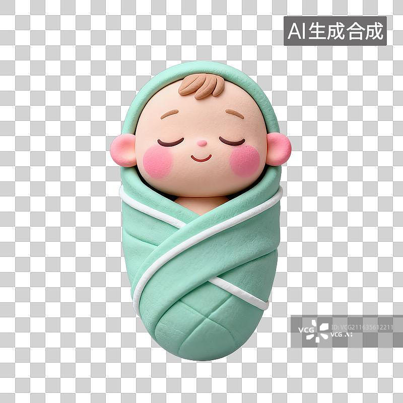 【AI数字艺术】3D粘土风格母婴亲子主题婴儿裹在襁褓中闭眼熟睡元素图片素材