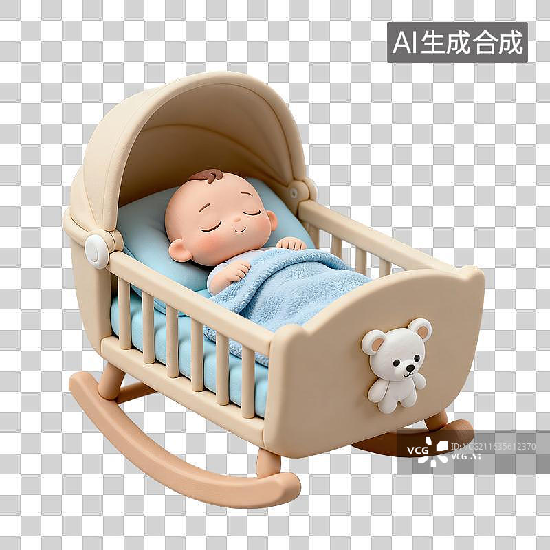 【AI数字艺术】3D粘土风格母婴亲子主题婴儿躺在婴儿床里睡觉元素图片素材