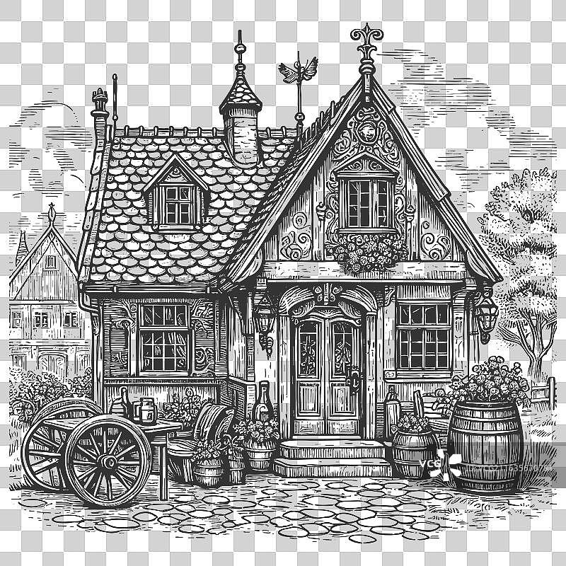 酒馆小屋雕版画图片素材