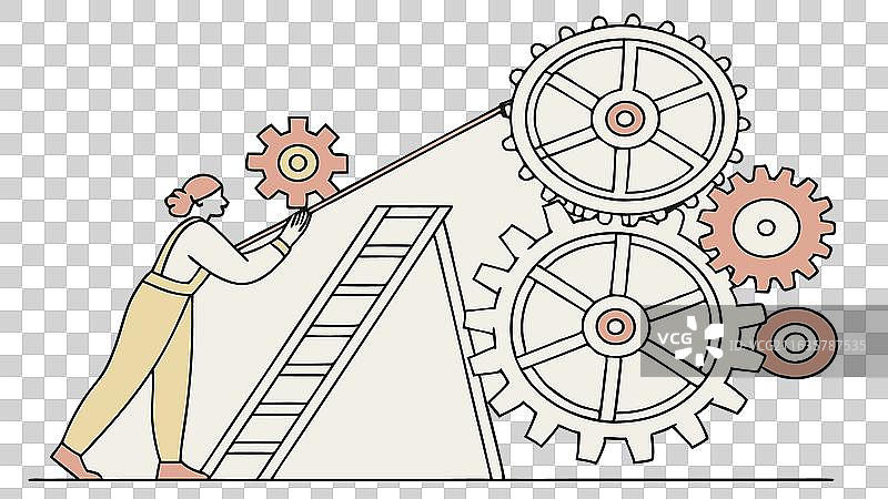 一个人在工业梯子上维修齿轮图片素材