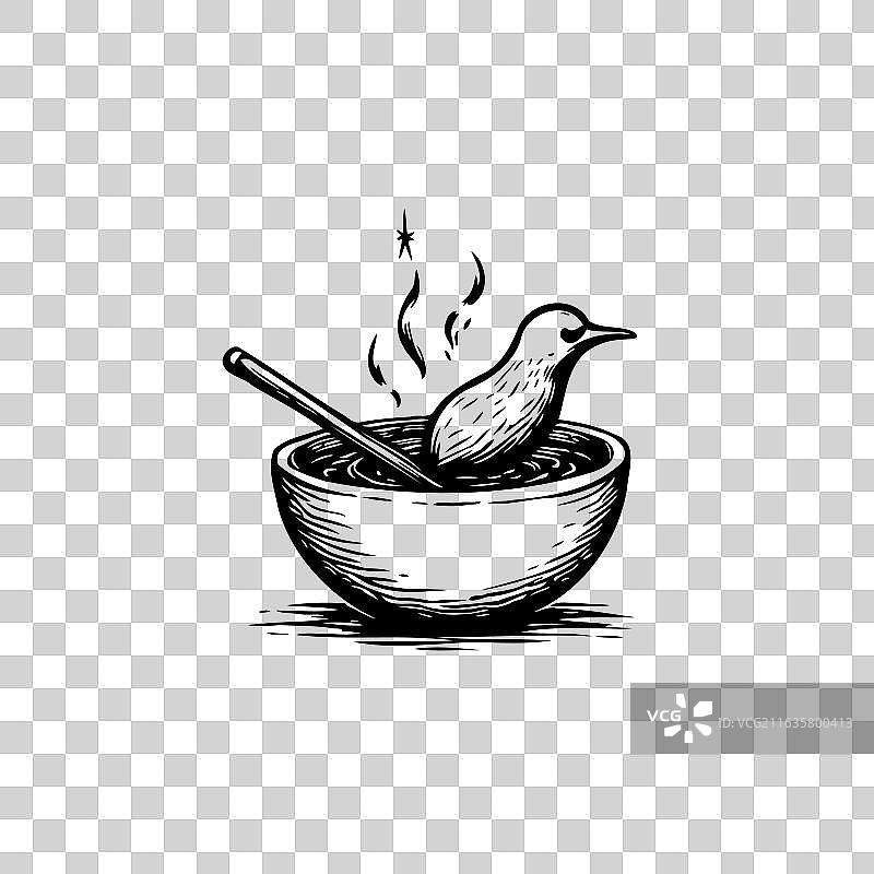 一只鸟在汤碗里沐浴的异想天开的画面图片素材