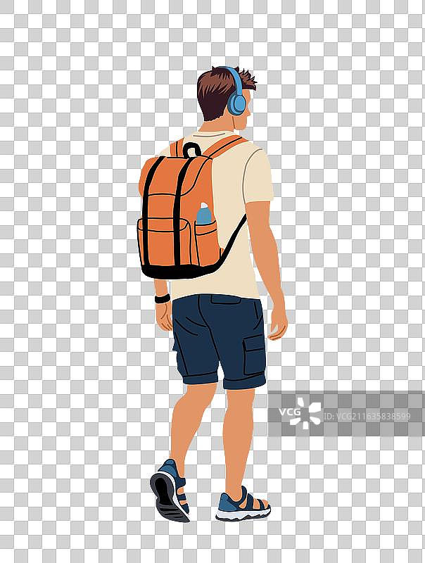 身背背包的年轻男子，身着夏季运动服装图片素材