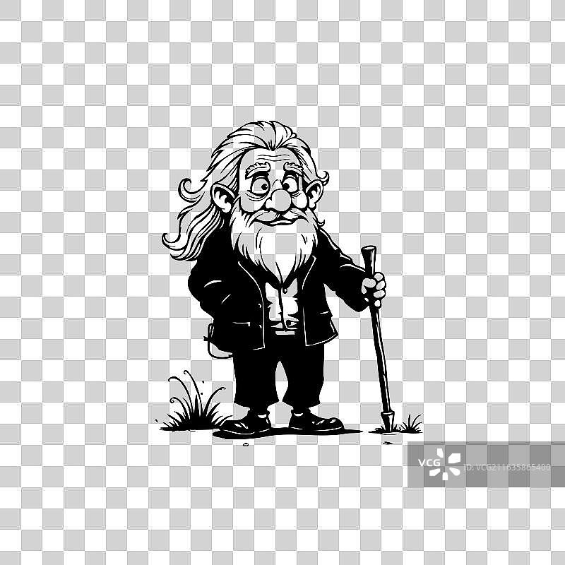whimsical cartoon of an elderly dwarf with cane图片素材