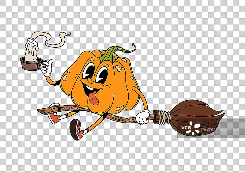 卡通南瓜骑着扫帚，风格复古迷幻图片素材