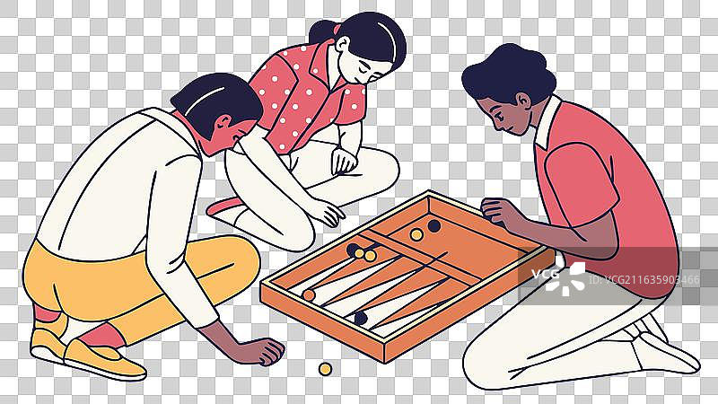 朋友们在玩双陆棋，这是一种策略性棋盘游戏图片素材
