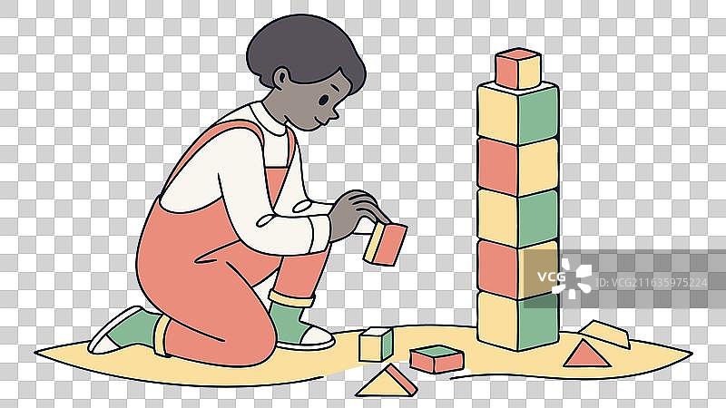 孩子在搭建高高的彩色积木塔图片素材