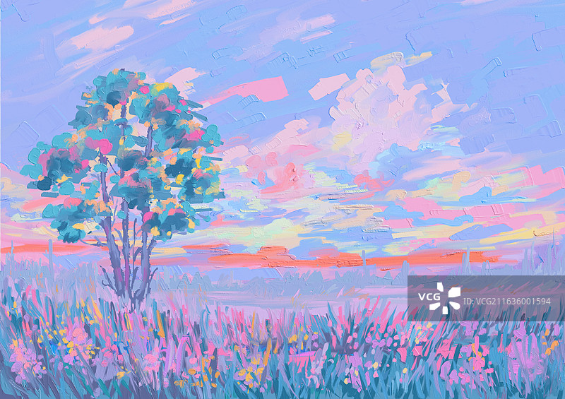 油画风格插画背景风景草地图片素材