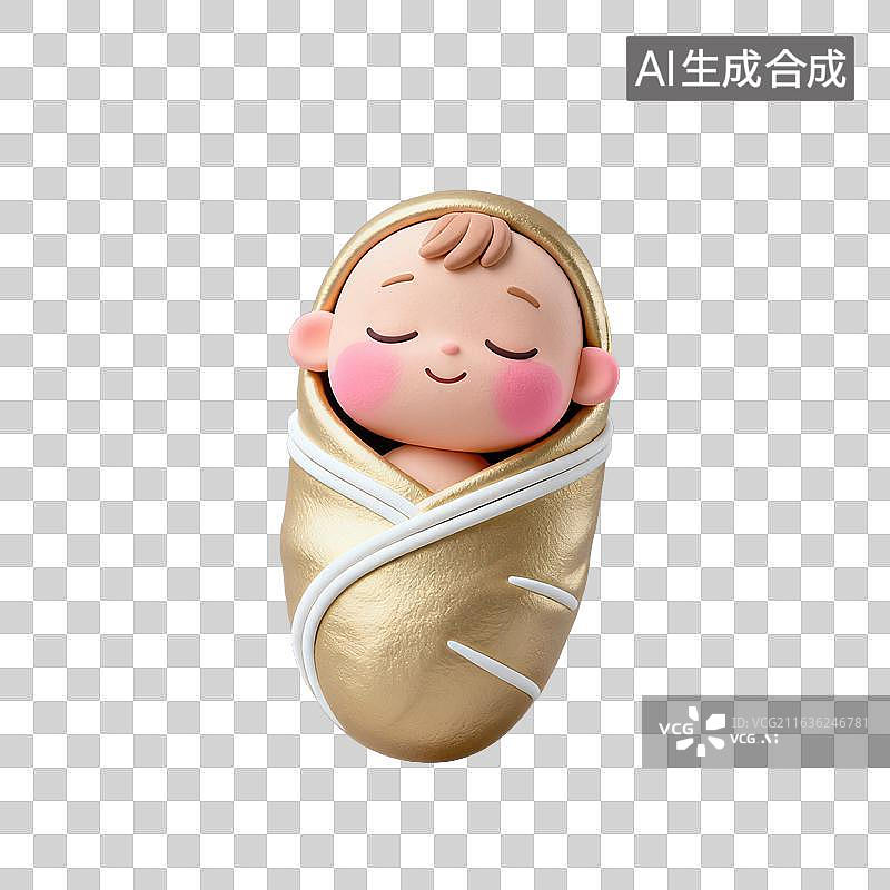 【AI数字艺术】3D粘土风格母婴亲子主题婴儿裹在襁褓中闭眼熟睡元素图片素材