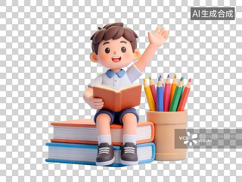 【AI数字艺术】坐在书上看书的男孩 3D卡通插画图片素材