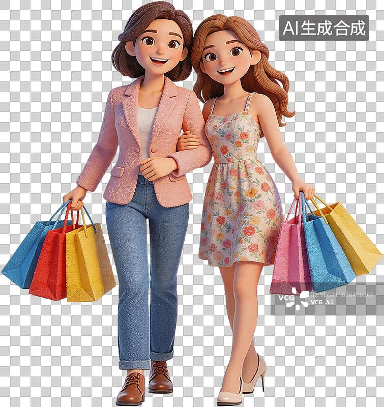 【AI数字艺术】母女拎着购物袋逛街买东西卡通3D插画免抠元素图片素材