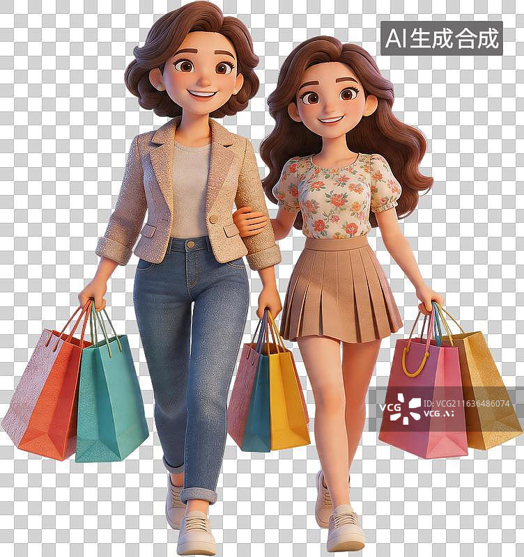 【AI数字艺术】母女拎着购物袋逛街买东西卡通3D插画免抠元素图片素材