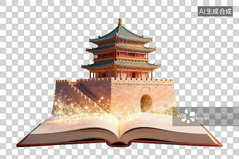 【AI数字艺术】卡通风格，打开的书本上，一座发光的城门建筑PNG格式的免扣元素图片素材