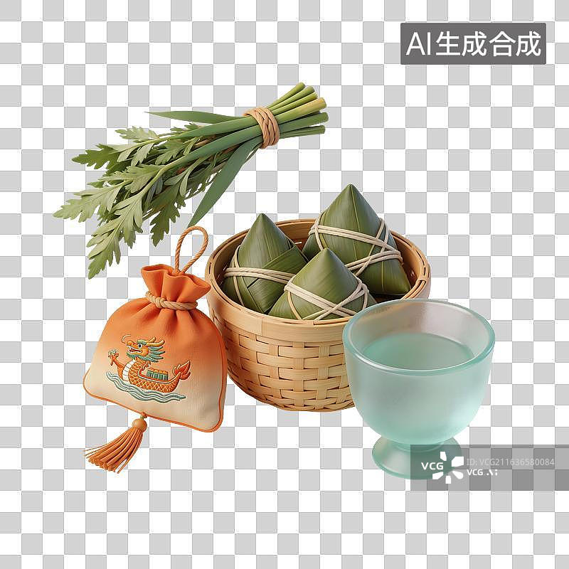 【AI数字艺术】端午节粽子艾草香囊酒杯插画图片素材