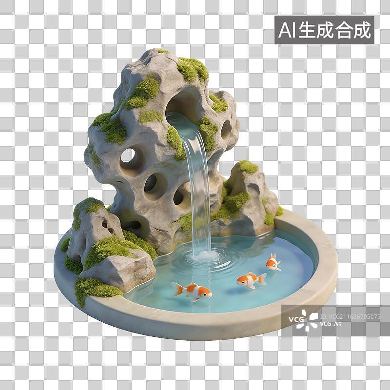 【AI数字艺术】太湖石鱼塘园林插画图片素材