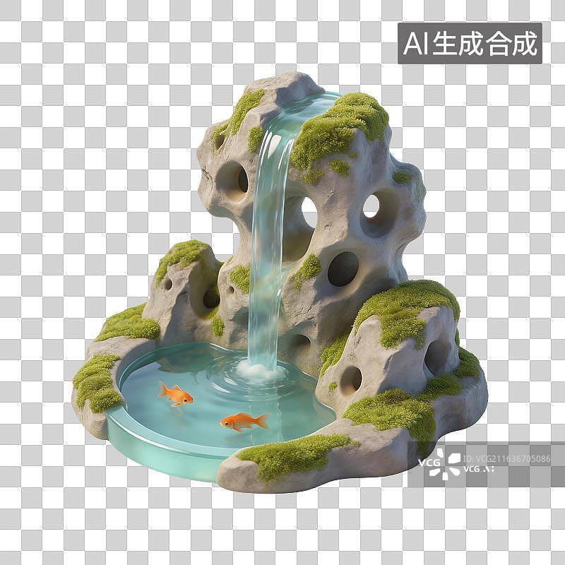 【AI数字艺术】太湖石鱼塘园林插画图片素材
