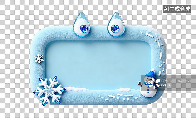 【AI数字艺术】3D卡通蓝色大眼睛雪花围巾小雪人冬日氛围文字框文本框边框标题框内容框元素图片素材