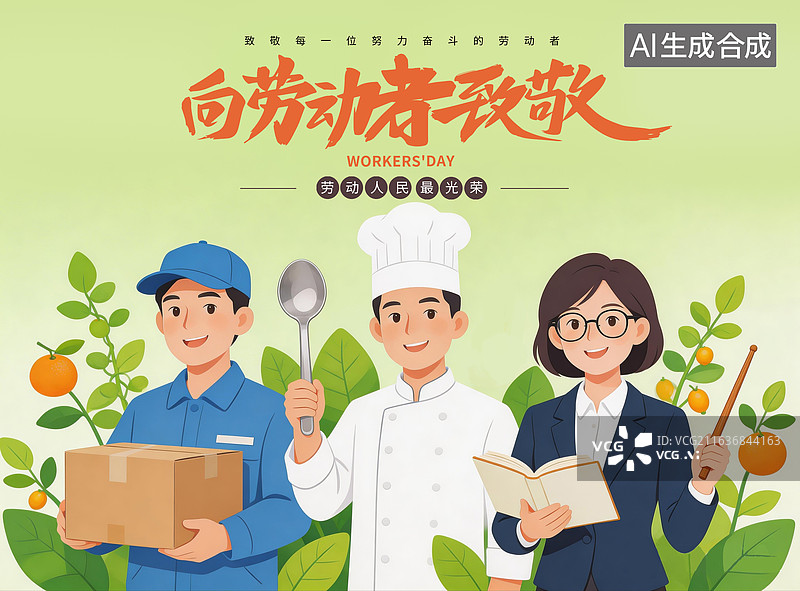 【AI数字艺术】51劳动节插画海报 致敬劳动者海报模版 各行各业的劳动人民站在鲜花绿叶里 横版图片素材