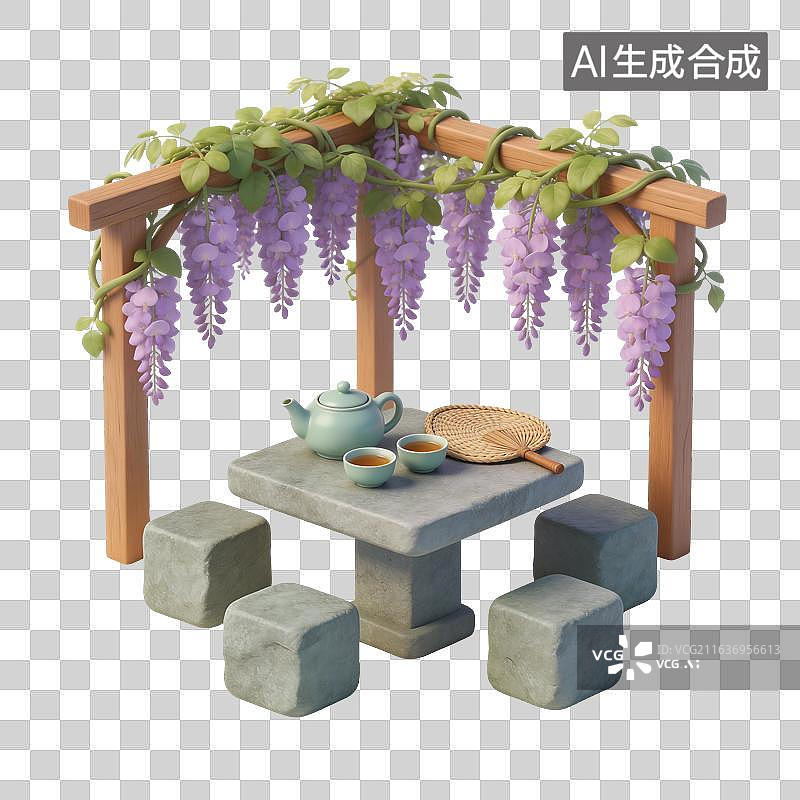 【AI数字艺术】紫藤花花棚石桌子座椅蒲扇凉茶插画图片素材