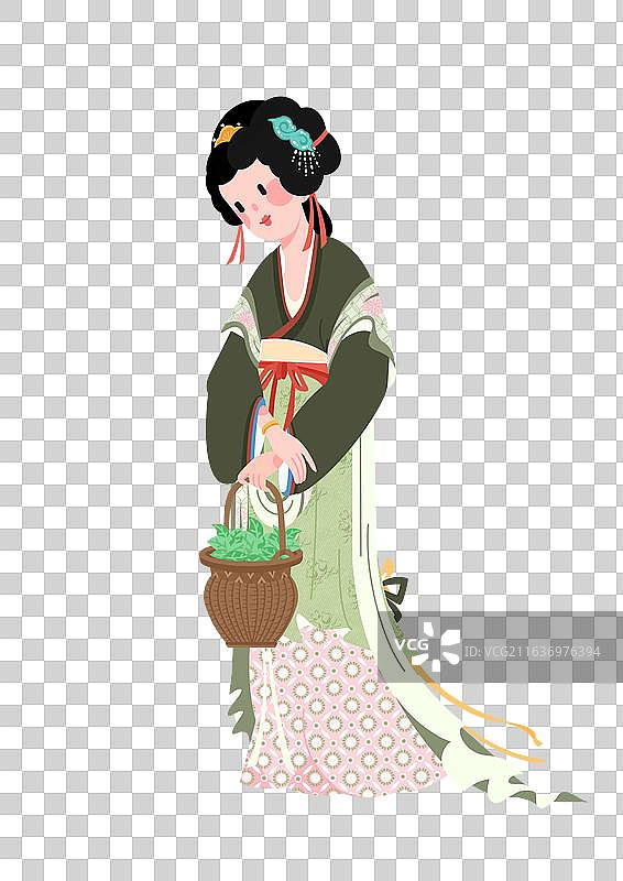 仕女图在黑色背景下拿着篮子的女人图片素材