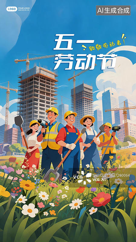 【AI数字艺术】五一劳动节建筑工人卡通插画海报图片素材