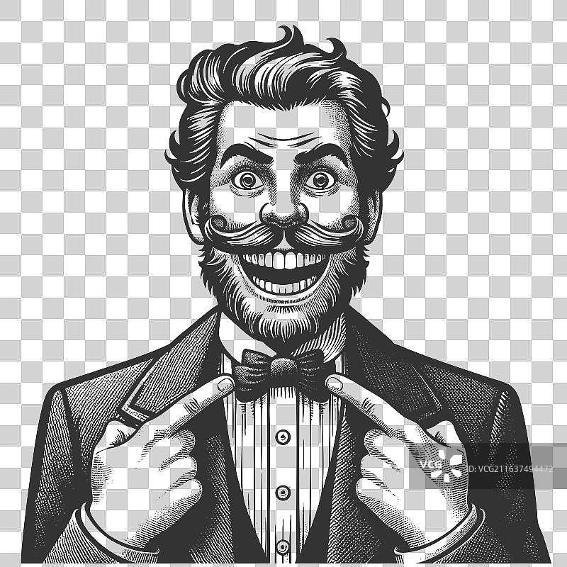 留着胡子的男人微笑着指着领结图片素材